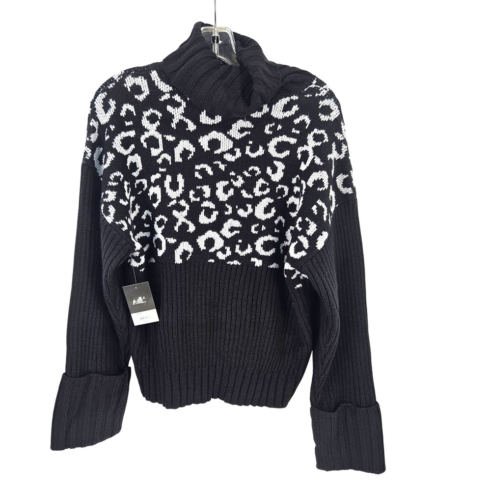NWT Nine West Black White‎ Leopard Print Turtleneck Sweater Women's Size Large